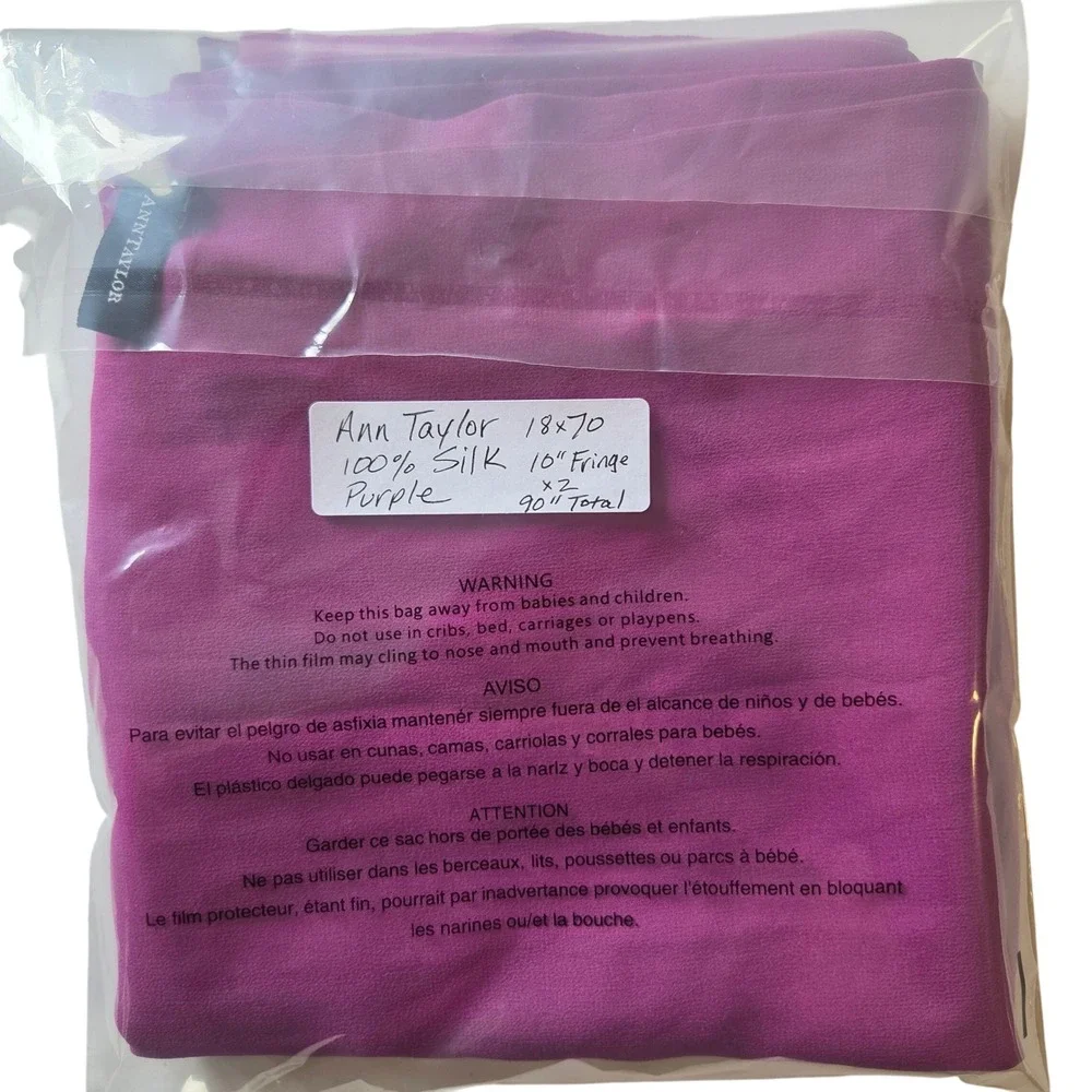 Ann Taylor 100% Silk Wrap Scarf Magenta Purple Macrame Knotted Fringe Shawl18x90